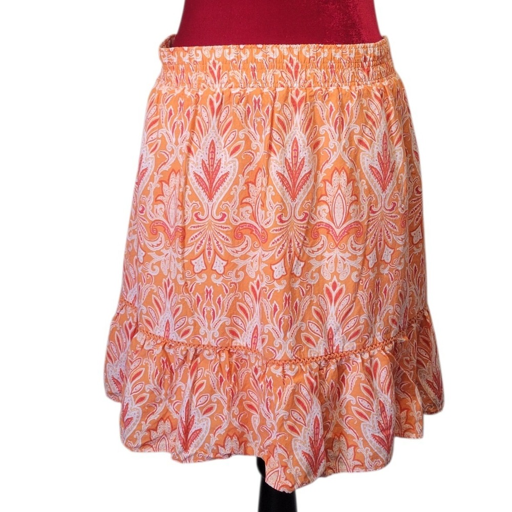 LOFT Orange Paisley XL Pull On Ruffle Mini Skirt Cotton Rayon Boho Lined 
D638